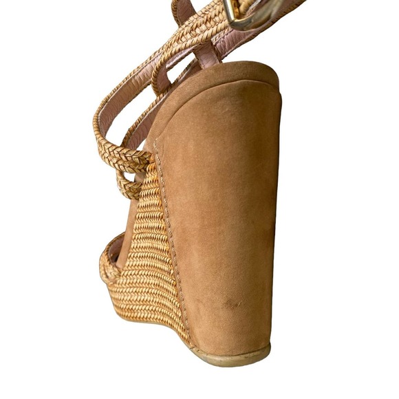 Stuart Weitzman Reins Wedge Sandal Size 9 Tan Camel Strappy Heel Straw Weave - Picture 14 of 16
